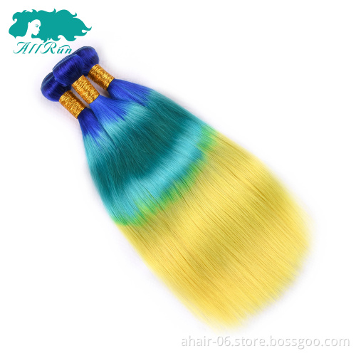 virgin remy color hair bundles, 3 tone blue/green/yellow human hair extension